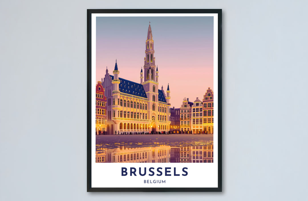 Sunset architecture wall poster depicting the historic plaza and golden windows of Brussels, Belgium, for warm home decor. Choose from versatile formats including budget-friendly unframed paper, solid wood framed finishes, and gallery canvas wall art.