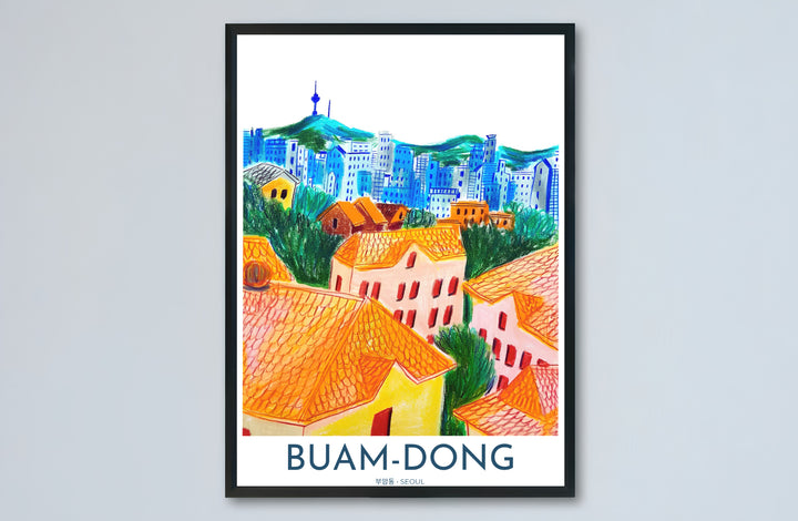 Complete colored pencil travel poster of Buam-dong in Seoul, capturing the charm of Korean neighborhood architecture, lush hillsides, and the famous N Seoul Tower landmark. Offered by MapYourDreams, this artwork is available in flexible options including unframed paper, custom wooden frames, and gallery canvas wraps.