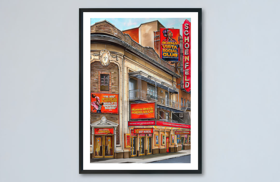 Buena Vista Social Club Broadway poster capturing the bustling energy and sunlit facade of the Gerald Schoenfeld Theatre in New York City, offered by MapYourDreams with catalog selections for an unframed matte paper poster, a durable gallery wrapped canvas, or a custom frame for hallway wall styling.
