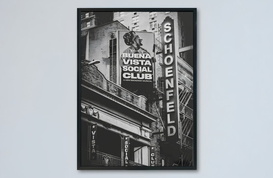 Buena Vista Social Club Broadway poster capturing the dramatic low-angle view and illuminated facade of the Gerald Schoenfeld Theatre in New York City, offered by MapYourDreams with catalog selections for an unframed matte paper poster, a durable gallery wrapped canvas, or a custom frame for hallway wall styling.