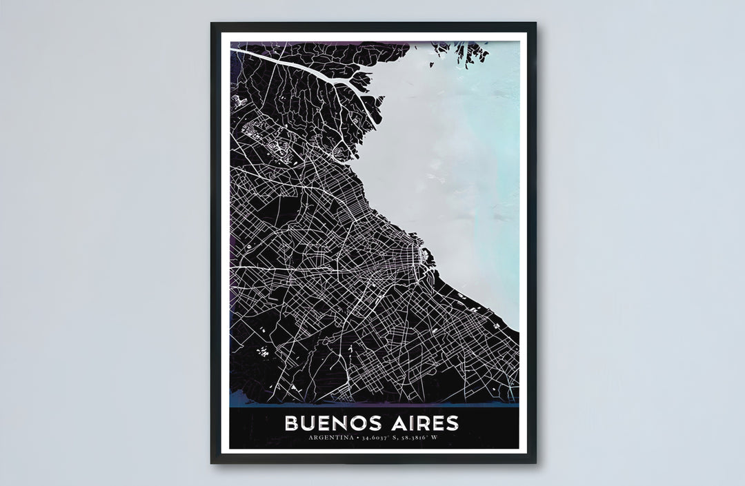 Artistic black and blue city map of Buenos Aires outlining coastal water and detailed urban streets in crisp contrast. Made by MapYourDreams, this artistic composition can be purchased as an unframed print, elegantly mounted in wood frames, or produced on stretched canvas.