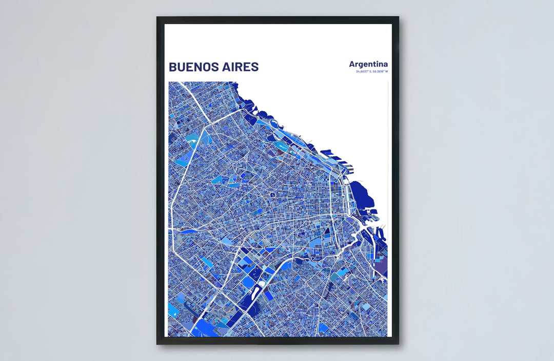Geographic city map wall decor of Buenos Aires presenting real-world street data in an artistic blue geometric style. Designed by MapYourDreams to suit modern interiors, this piece comes in versatile choices like unframed paper, solid wood frames, and gallery canvas formats.