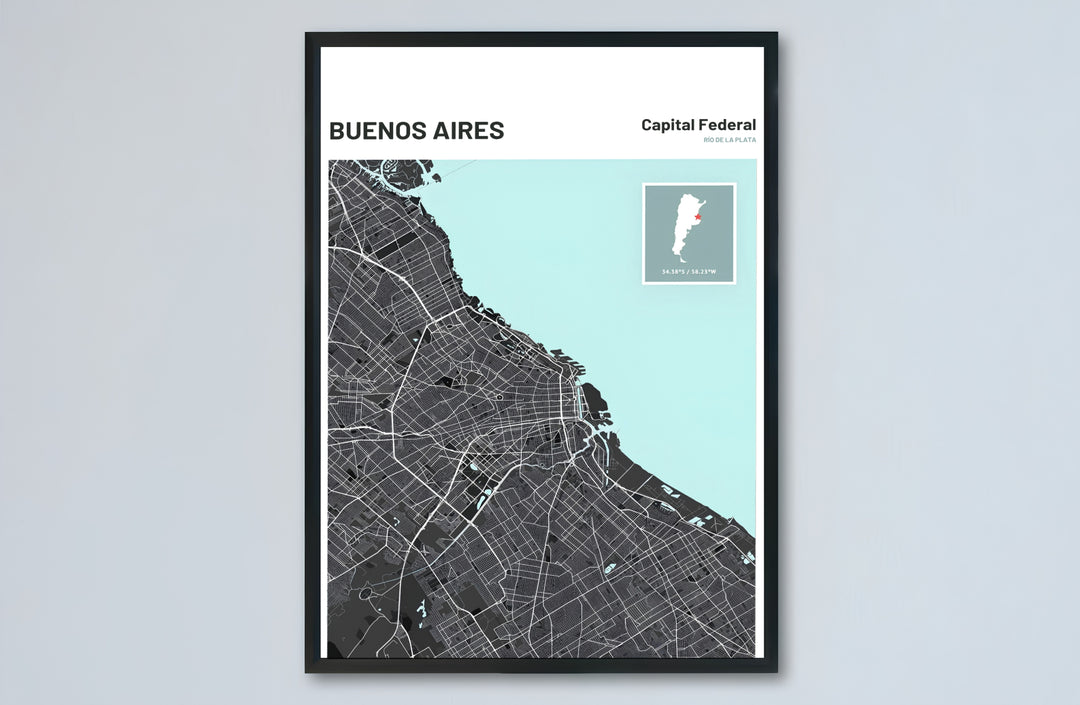Artistic charcoal and mint city map of Buenos Aires outlining coastal water and detailed urban streets in crisp contrast. Made by MapYourDreams, this artistic composition can be purchased as an unframed print, elegantly mounted in wood frames, or produced on stretched canvas.