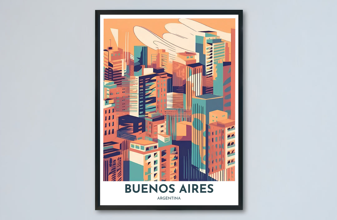 Sunset urban landscape wall art displaying the rooftops and skyscrapers of Buenos Aires in stylized modern graphic art. Designed by MapYourDreams to suit modern interiors, this piece comes in versatile choices like unframed paper, solid wood frames, and gallery canvas formats.