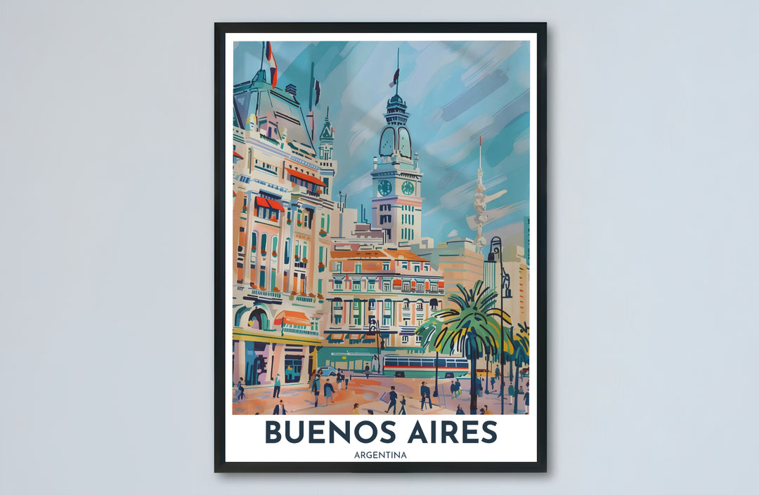 Architectural fine art print showing clock towers and European facades in Buenos Aires set against an expressive sky. Designed by MapYourDreams to suit modern interiors, this piece comes in versatile choices like unframed paper, solid wood frames, and gallery canvas formats.