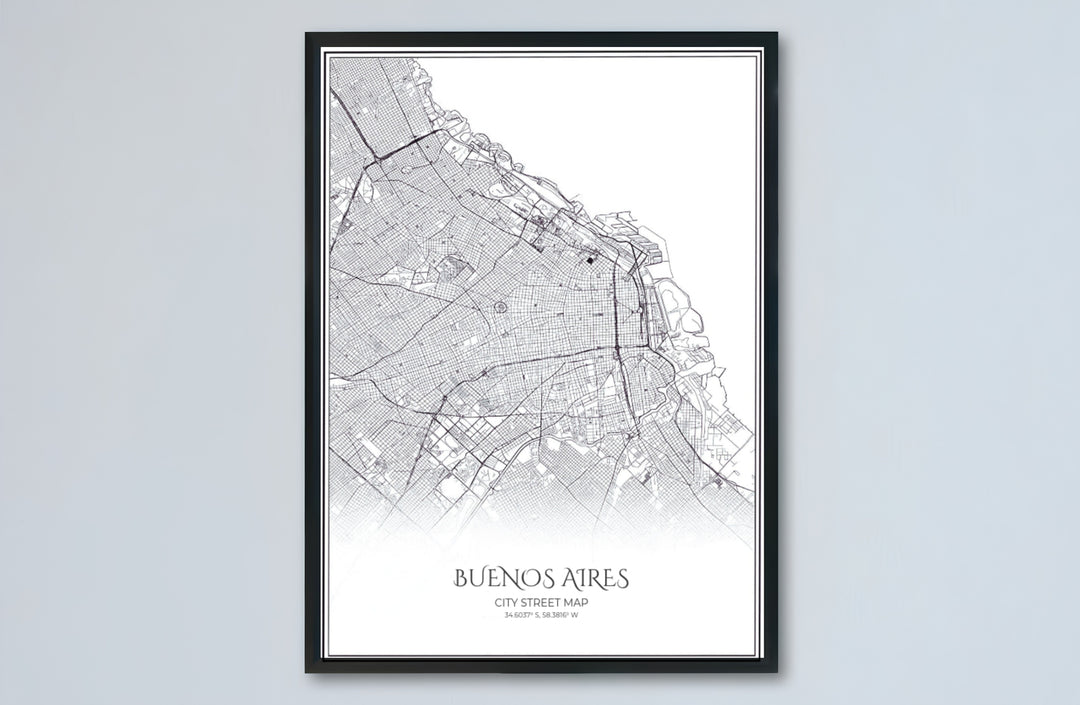 Artistic black and white map poster depicting the entire urban street grid of Buenos Aires, Argentina. Made by MapYourDreams, this artistic composition can be purchased as an unframed print, elegantly mounted in wood frames, or produced on stretched canvas.