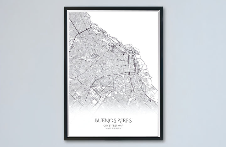 Artistic black and white map poster depicting the entire urban street grid of Buenos Aires, Argentina. Made by MapYourDreams, this artistic composition can be purchased as an unframed print, elegantly mounted in wood frames, or produced on stretched canvas.