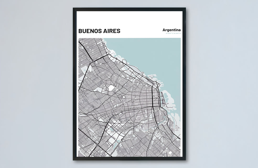 Artistic map poster depicting the entire urban street grid of Buenos Aires, Argentina, under a clean white text header. Made by MapYourDreams, this artistic composition can be purchased as an unframed print, elegantly mounted in wood frames, or produced on stretched canvas.