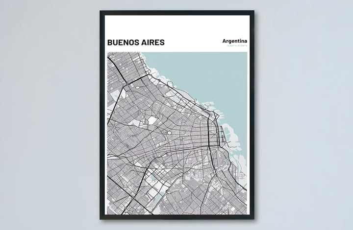 Artistic map poster depicting the entire urban street grid of Buenos Aires, Argentina, under a clean white text header. Made by MapYourDreams, this artistic composition can be purchased as an unframed print, elegantly mounted in wood frames, or produced on stretched canvas.