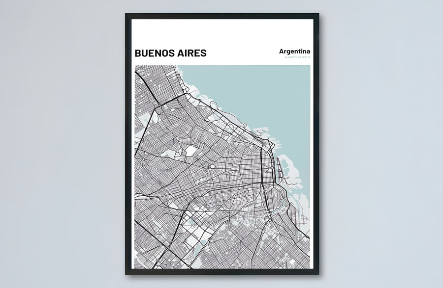 Artistic map poster depicting the entire urban street grid of Buenos Aires, Argentina, under a clean white text header. Made by MapYourDreams, this artistic composition can be purchased as an unframed print, elegantly mounted in wood frames, or produced on stretched canvas.