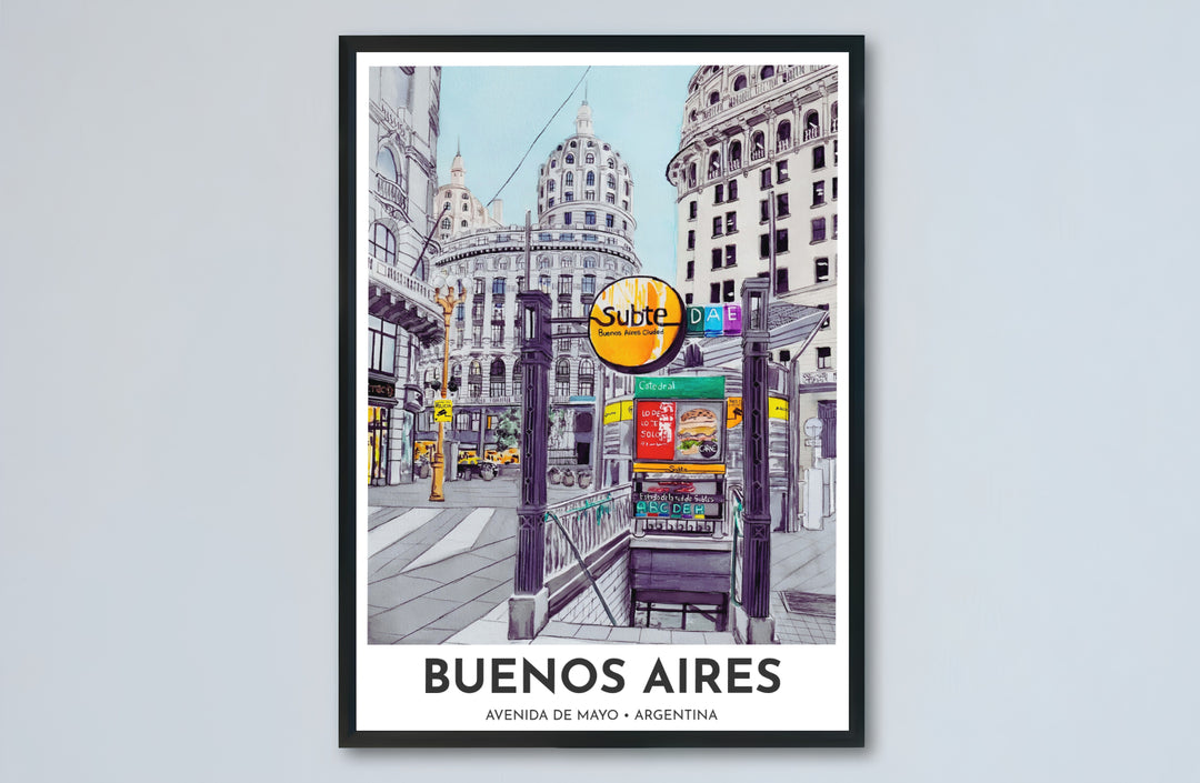 Architectural fine art wall decor depicting the famous Subte metro station portal on Avenida de Mayo in Argentina. Designed by MapYourDreams to suit modern interiors, this piece comes in versatile choices like unframed paper, solid wood frames, and gallery canvas formats.