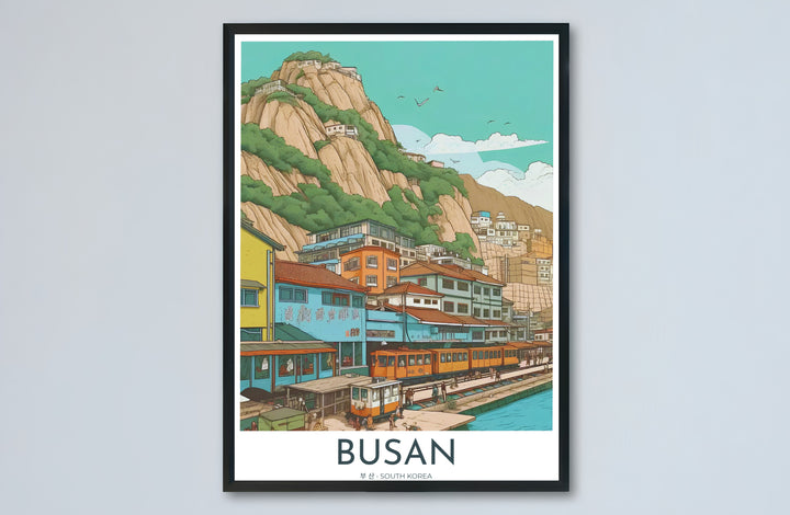 Complete coastal vector artwork of Busan, South Korea, capturing the harmony of seaside rail transit, vibrant hillside architecture, and clear blue ocean waters. Offered by MapYourDreams, this artwork is available in flexible options including unframed paper, custom wooden frames, and gallery canvas wraps.
