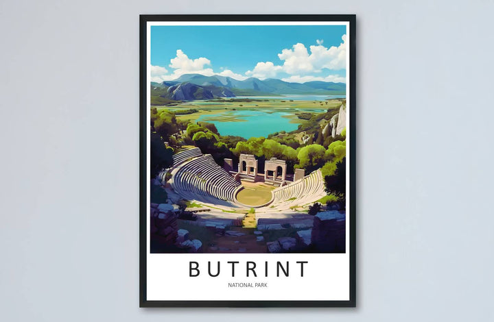 Artistic landscape of Butrint Albania presented in emerald green, turquoise, and sandstone shades for striking home interior travel focal points. Offered by MapYourDreams, this artwork is available in flexible options including unframed paper, custom wooden frames, and gallery canvas wraps.