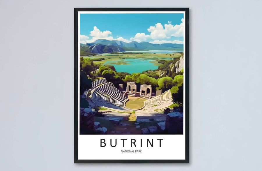 Artistic landscape of Butrint Albania presented in emerald green, turquoise, and sandstone shades for striking home interior travel focal points. Offered by MapYourDreams, this artwork is available in flexible options including unframed paper, custom wooden frames, and gallery canvas wraps.