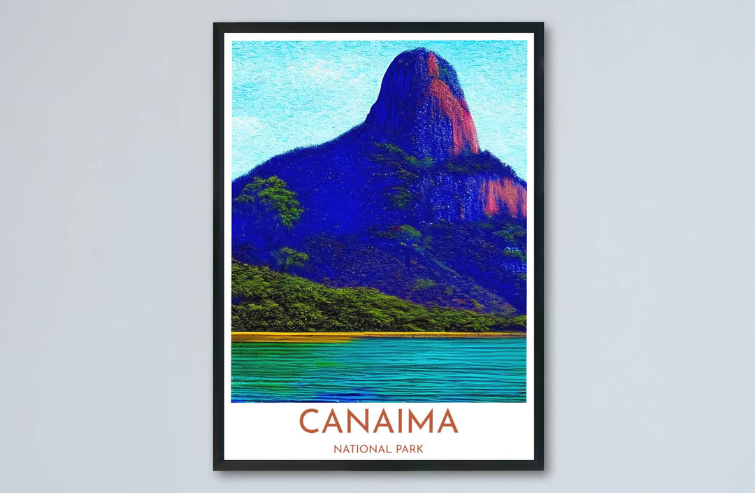 Architectural mountain and river landscape print showing the unique ancient sandstone formations of Canaima, Venezuela. Designed by MapYourDreams to suit modern interiors, this piece comes in versatile choices like unframed paper, solid wood frames, and gallery canvas formats.