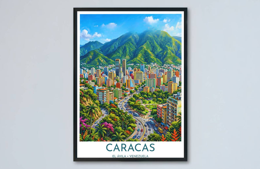 Architectural city and natural mountain landscape print showing the unique harmony between Venezuelan urban life and tropical wilderness. Designed by MapYourDreams to suit modern interiors, this piece comes in versatile choices like unframed paper, solid wood frames, and gallery canvas formats.