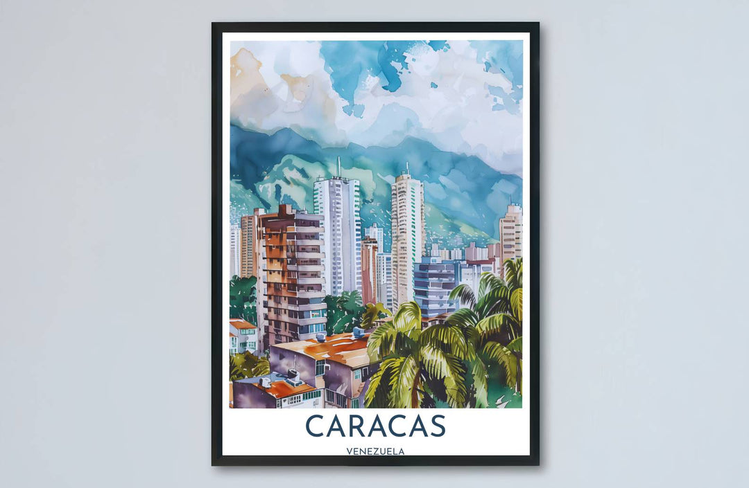 Architectural city and natural mountain landscape print showing watercolor fluid bleeding and tropical palm tree details in Venezuela. Designed by MapYourDreams to suit modern interiors, this piece comes in versatile choices like unframed paper, solid wood frames, and gallery canvas formats.
