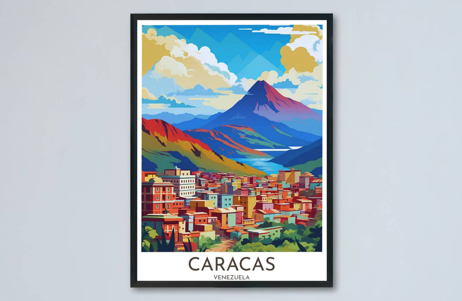 Architectural city and natural mountain landscape print showing faceted vector gradients and vibrant pop-art styling in Venezuela. Designed by MapYourDreams to suit modern interiors, this piece comes in versatile choices like unframed paper, solid wood frames, and gallery canvas formats.
