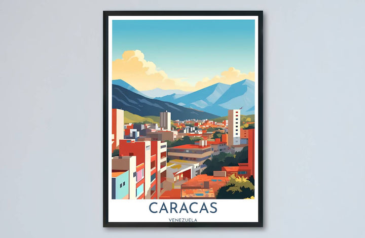 Vector style urban illustration depicting sunlit terracotta roofs and cool blue mountain slopes in central Venezuela. Handcrafted by MapYourDreams, customers can select from convenient options like unframed prints, ready-to-hang wooden frames, or gallery canvas wraps.