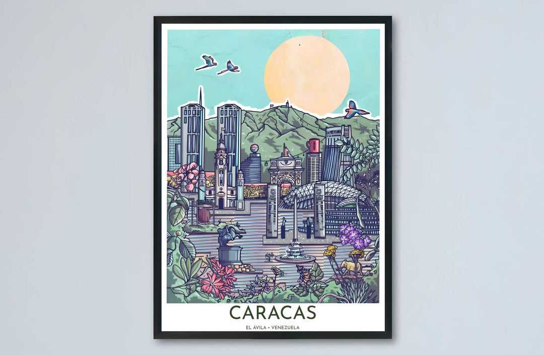 Architectural cityscape and natural mountain print showing graphic line work and pastel comic styling in Venezuela. Designed by MapYourDreams to suit modern interiors, this piece comes in versatile choices like unframed paper, solid wood frames, and gallery canvas formats.