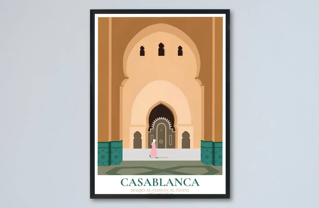 Minimalist vector art print of Casablanca Hassan II Mosque showcasing Moorish archways and traditional Moroccan craftsmanship. Made by MapYourDreams, this artwork is available in flexible options including unframed paper, custom wooden frames, and gallery canvas wraps for living space wall art.