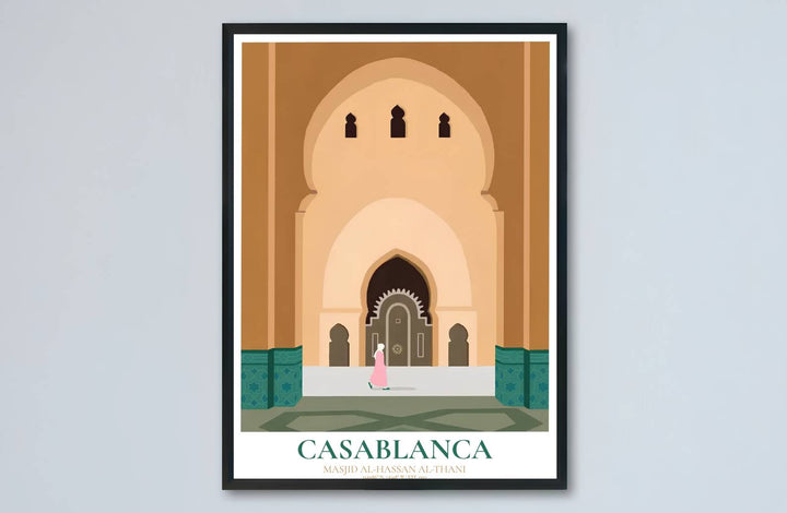 Minimalist vector art print of Casablanca Hassan II Mosque showcasing Moorish archways and traditional Moroccan craftsmanship. Made by MapYourDreams, this artwork is available in flexible options including unframed paper, custom wooden frames, and gallery canvas wraps for living space wall art.