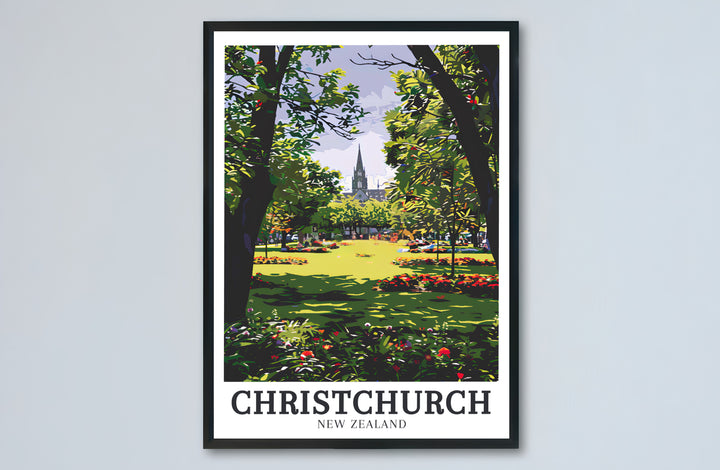 Bright summer sunlight filtering through trees in Christchurch Botanic Gardens shines in this travel poster print. MapYourDreams provides stylish framed, unframed, and canvas options for room decor.