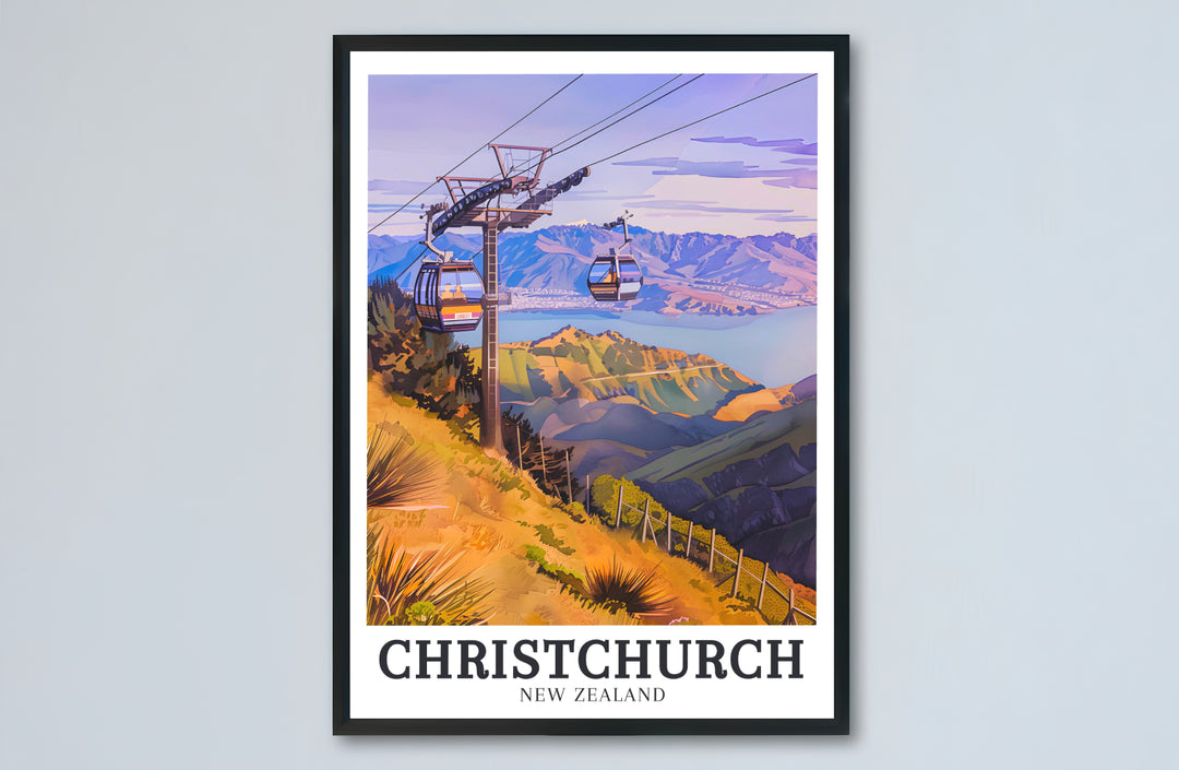 Warm golden sunset light illuminating the cable lines above Port Hills and Lake Ellesmere in ChristChurch glows in this travel print. MapYourDreams provides stylish framed, unframed, and canvas options for decor.