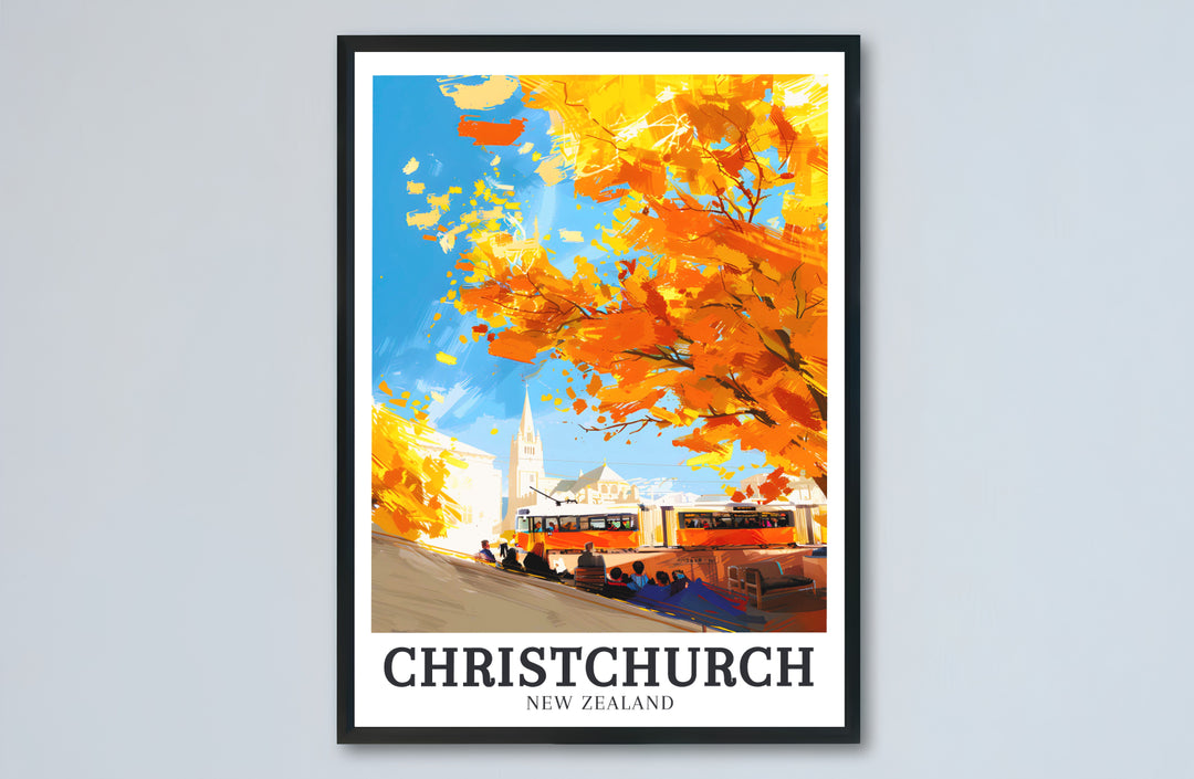 Warm golden sunlight filtering through trees onto Christchurch Heritage Trams glows in this travel print. MapYourDreams provides stylish framed, unframed, and canvas options for decor.