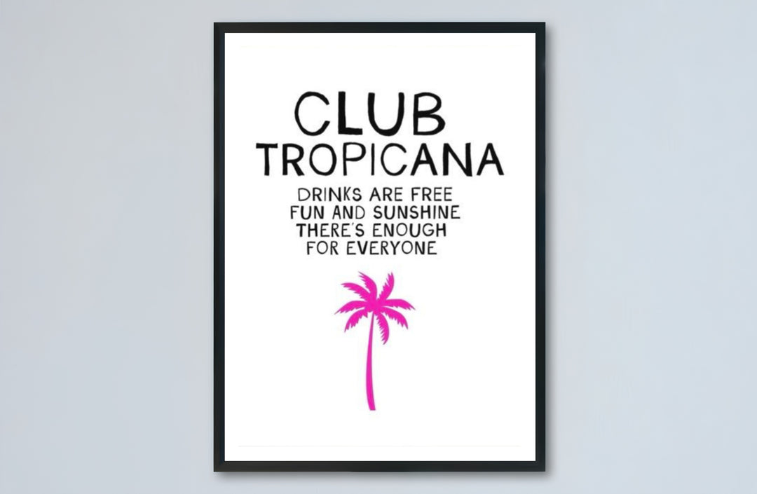 Wham fan gift art poster featuring the classic Club Tropicana chorus lines and a tropical pink palm, offered by MapYourDreams with catalog choices for an unframed matte paper poster, a durable gallery wrapped canvas, or custom framed wall art for music spaces.