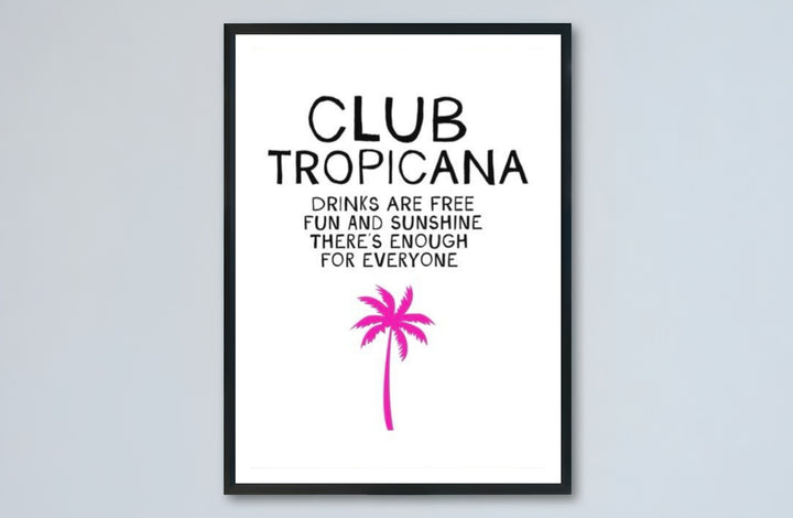Wham fan gift art poster featuring the classic Club Tropicana chorus lines and a tropical pink palm, offered by MapYourDreams with catalog choices for an unframed matte paper poster, a durable gallery wrapped canvas, or custom framed wall art for music spaces.