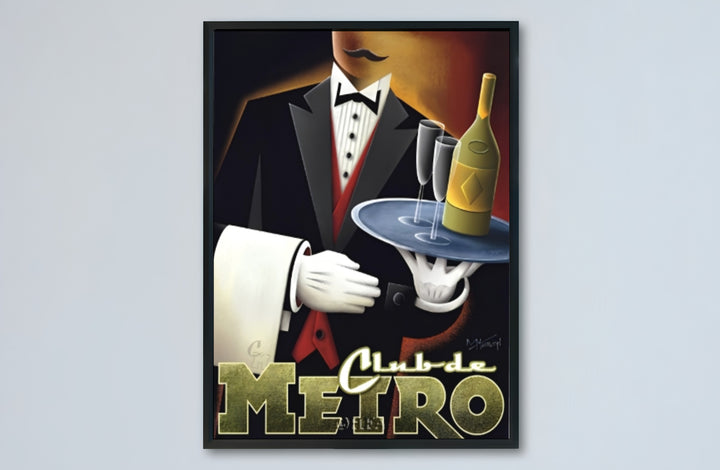 Club de Metro poster capturing golden age jazz elegance and formal tuxedo dining service in a vintage venue, offered by MapYourDreams with catalog selections for an unframed matte paper poster, a durable gallery wrapped canvas, or a custom frame for dining room wall styling.