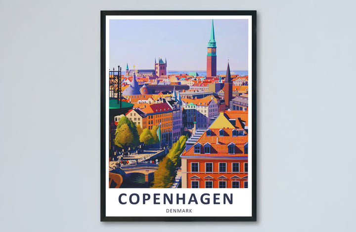 European travel print illustrating Copenhagen cityscape rooftops and canal views. Offered by MapYourDreams, this artwork is available in flexible options including unframed paper, custom wooden frames, and gallery canvas wraps.