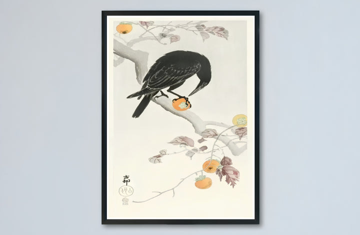 1900 1910 Japanese Kacho-ga poster featuring a black crow on a branch from a famous Tokyo museum collection. MapYourDreams presents quality framed, unframed, and canvas print options for home decor.