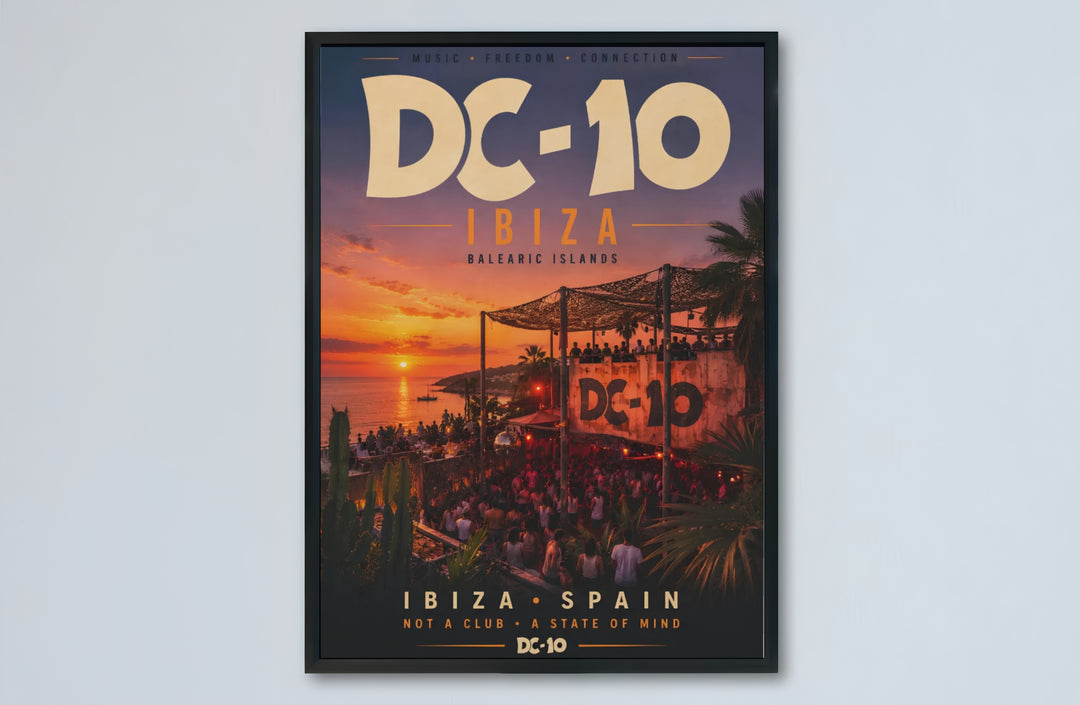 Modern vintage clubbing print depicting sunset glow and outdoor dance terrace at DC-10 in Ibiza, Spain, available at MapYourDreams where shoppers can choose from unframed paper prints, gallery canvas, or custom framed wall art options for game rooms.