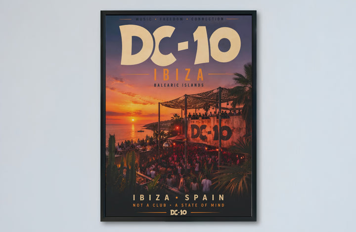 Modern vintage clubbing print depicting sunset glow and outdoor dance terrace at DC-10 in Ibiza, Spain, available at MapYourDreams where shoppers can choose from unframed paper prints, gallery canvas, or custom framed wall art options for game rooms.