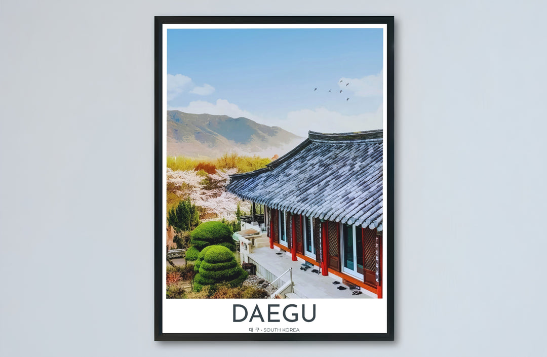 Complete mountain temple artwork of Donghwasa Temple in Daegu, South Korea, capturing the harmonious balance of ancient timber craftsmanship, spring flowers, and peaks. Offered by MapYourDreams, this artwork is available in flexible options including unframed paper, custom wooden frames, and gallery canvas wraps.