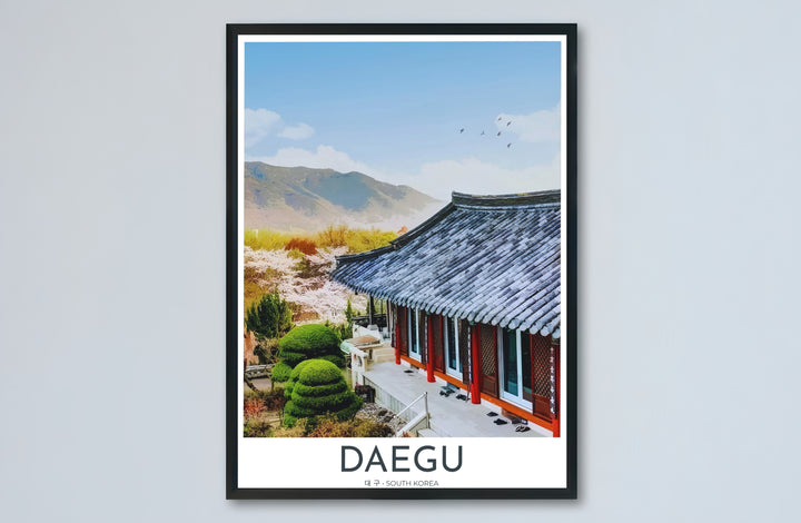 Complete mountain temple artwork of Donghwasa Temple in Daegu, South Korea, capturing the harmonious balance of ancient timber craftsmanship, spring flowers, and peaks. Offered by MapYourDreams, this artwork is available in flexible options including unframed paper, custom wooden frames, and gallery canvas wraps.