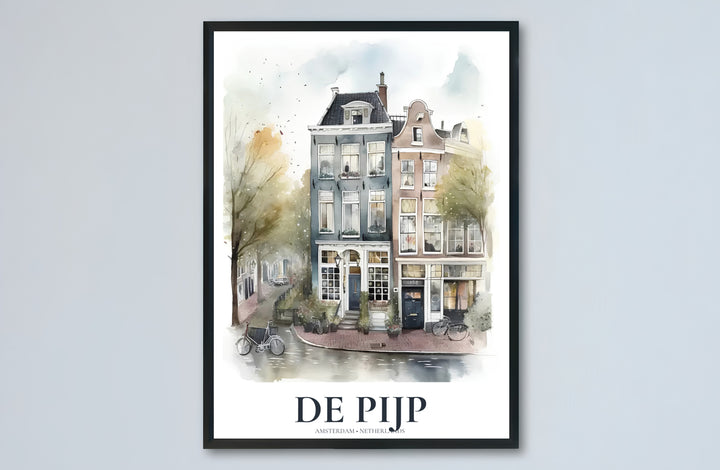 De Pijp Amsterdam watercolor poster capturing historic architecture and quiet street details on a white background, offered by MapYourDreams with catalog selections for an unframed matte paper poster, a durable gallery wrapped canvas, or a custom frame for bedroom wall styling.