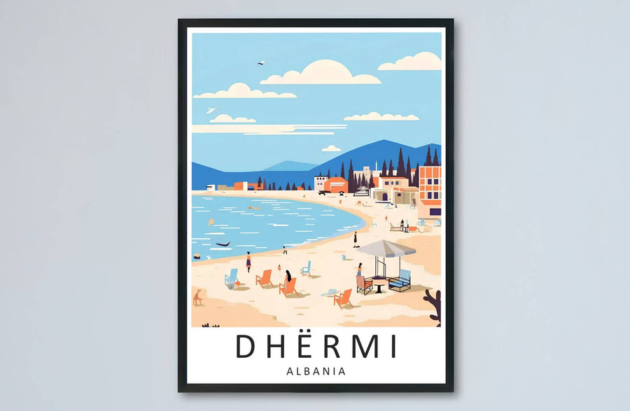 Artistic landscape of Dhërmi Albania presented in peach sand, turquoise, and cobalt shades for striking home interior travel focal points. Offered by MapYourDreams, this artwork is available in flexible options including unframed paper, custom wooden frames, and gallery canvas wraps.