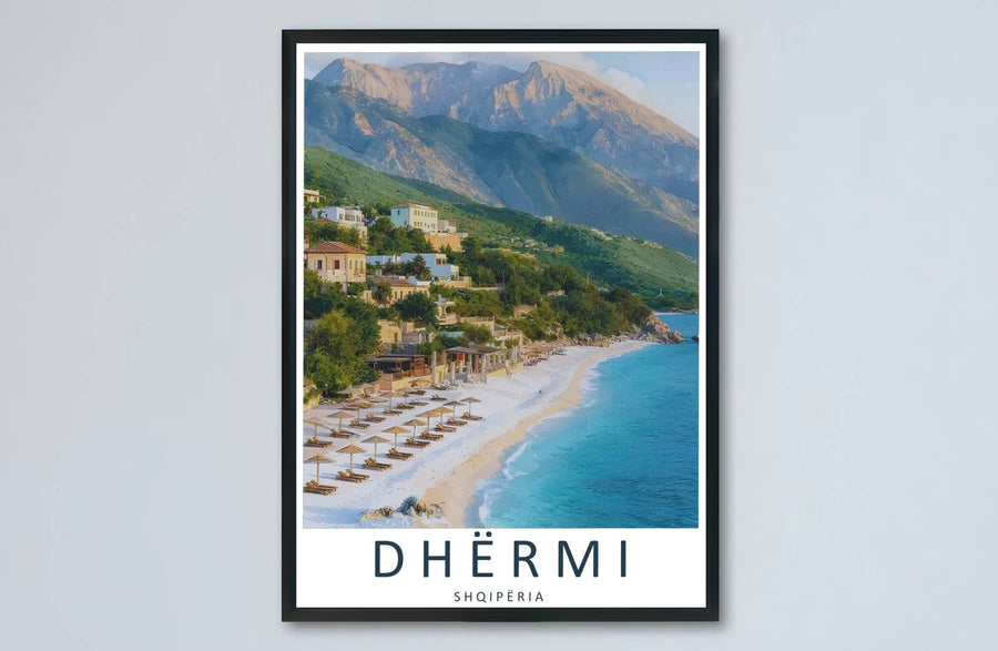 Elevate your decor with a coastal perspective of Dhërmi Beach, where stone villas look out over turquoise waters and soaring mountain peaks. MapYourDreams produces this image in unframed paper, custom wooden frames, and stretched canvas options.
