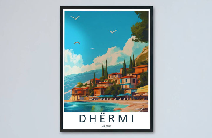 Golden sand and turquoise waters curve along the base of Dhërmi village in this beautifully balanced Balkan travel illustration. Offered by MapYourDreams, this artwork is available in flexible options including unframed paper, custom wooden frames, and gallery canvas wraps.