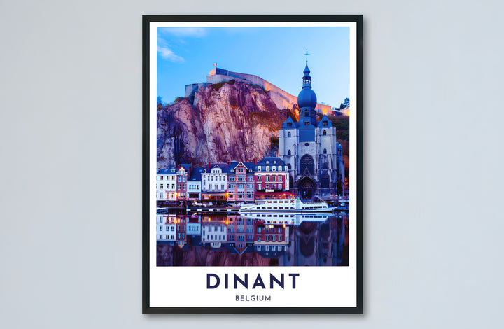 Architectural landmark photograph capturing the famous riverfront panorama of Dinant, Belgium. Choose from versatile formats including budget-friendly unframed paper, solid wood framed finishes, and gallery canvas wall art.