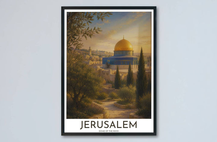 Organic landscape art print of Jerusalem Al Quds sanctuary showcasing the central golden dome and ancient cypress trees. Made by MapYourDreams, this artwork is available in flexible options including unframed paper, custom wooden frames, and gallery canvas wraps for living space wall art.