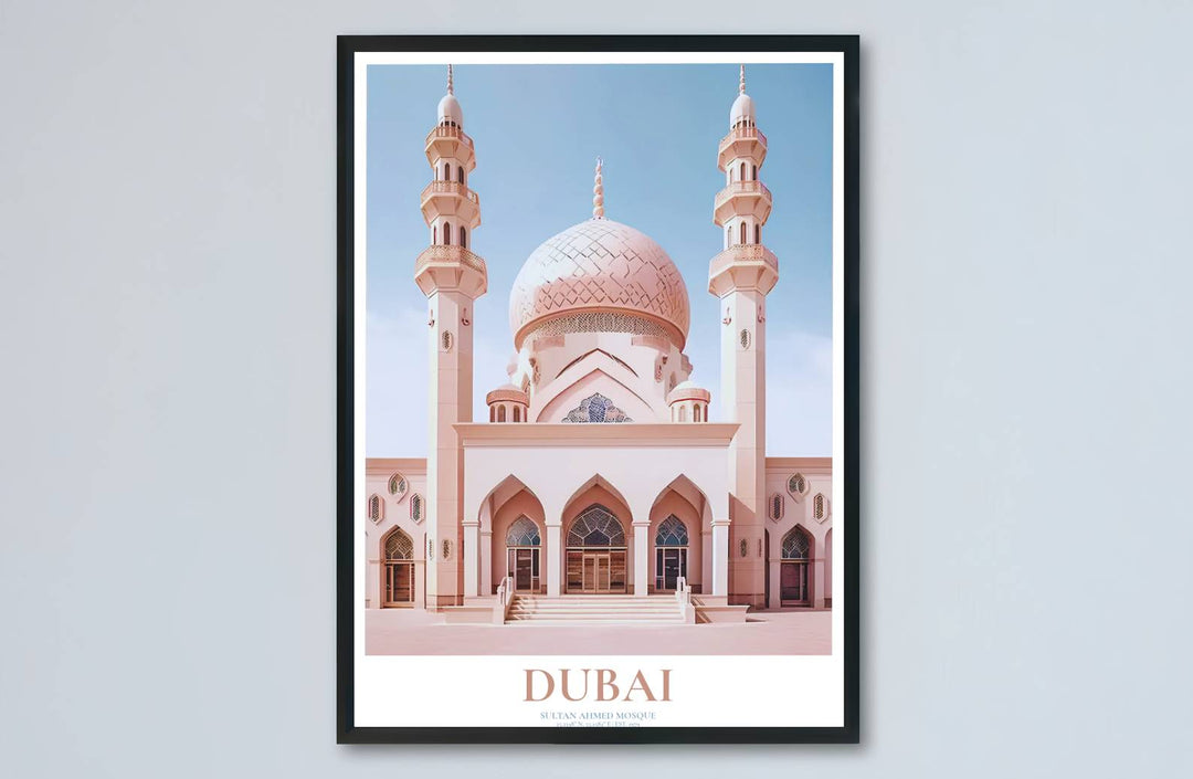 Minimalist travel art print of Dubai Jumeirah Mosque showcasing twin multi-tiered minarets and soft pastel shading. Made by MapYourDreams, this artwork is available in flexible options including unframed paper, custom wooden frames, and gallery canvas wraps for living space wall art.
