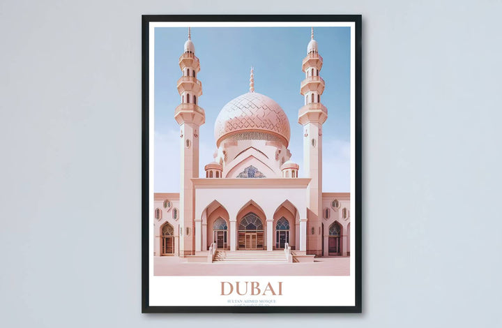 Minimalist travel art print of Dubai Jumeirah Mosque showcasing twin multi-tiered minarets and soft pastel shading. Made by MapYourDreams, this artwork is available in flexible options including unframed paper, custom wooden frames, and gallery canvas wraps for living space wall art.