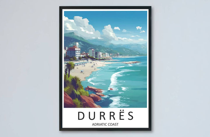 Golden sands and turquoise waters curve along the city shoreline of Durrës in this beautifully balanced Balkan travel illustration. MapYourDreams makes this available in unframed paper, custom wooden frames, and stretched canvas options.