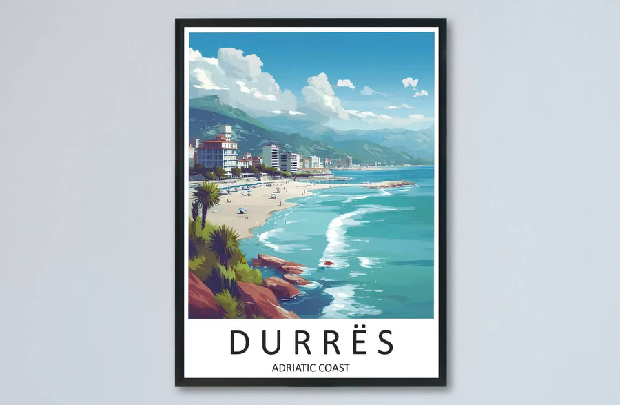 Golden sands and turquoise waters curve along the city shoreline of Durrës in this beautifully balanced Balkan travel illustration. MapYourDreams makes this available in unframed paper, custom wooden frames, and stretched canvas options.