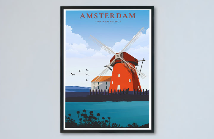 Dutch Windmill Netherlands poster capturing vibrant red windmill architecture and fluffy clouds on a sky blue background, offered by MapYourDreams with catalog selections for an unframed matte paper poster, a durable gallery wrapped canvas, or a custom frame for kitchen wall styling.