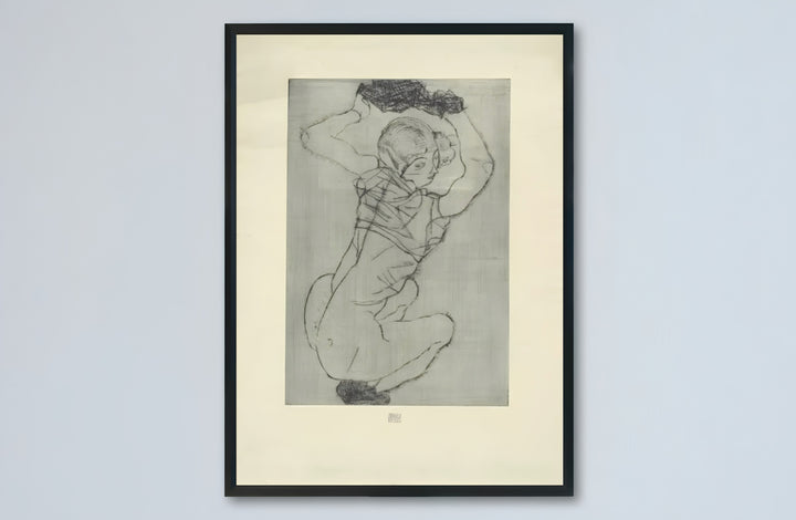 Classic museum etching wall decor poster of Egon Schiele Crouching Female Nude 1914 at Leopold Museum Vienna featuring soft grey plate gradations. Buy high-definition framed prints, unframed paper wall poster decor, and gallery canvas choices directly from MapYourDreams to complete your home.